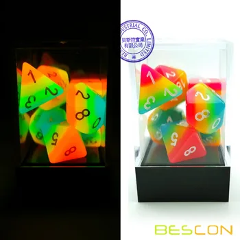 Bescon Fantasy Rainbow Glowing Polyhedral Dice 7pcs Комплект MIDNIGHT CANDY, Luminous RPG Dice Set Glow in Dark,новост DND Игра със Зарове