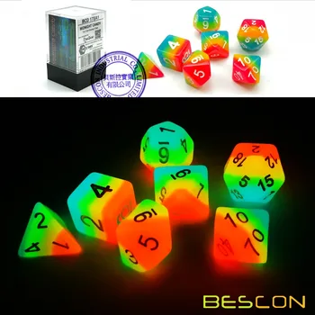 Bescon Fantasy Rainbow Glowing Polyhedral Dice 7pcs Комплект MIDNIGHT CANDY, Luminous RPG Dice Set Glow in Dark,новост DND Игра със Зарове