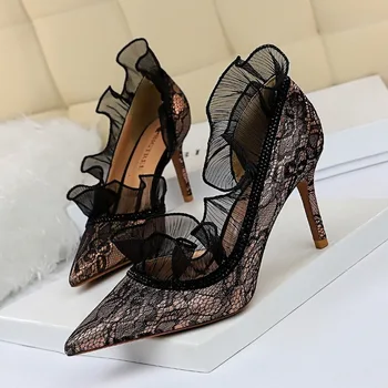 BIGTREE Fashion Women Shoes Shallow Pointed-Toe Дантела Секси Thin High Heel Nightclub Party Wedding Highquality Lady Pumps Mujer