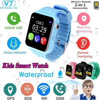 V7 Waterproof Kids Smart Watch Anti-lost Safe GPS СРЕЩА Tracker SOS Покана Children Smart Watch Phone For Android и iOS