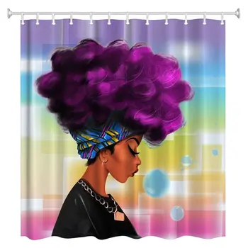 Жените Черна завеса за душ африкански жени с лилава коса прическа водоустойчив и устойчив на мухъл полиестер завеса за душ