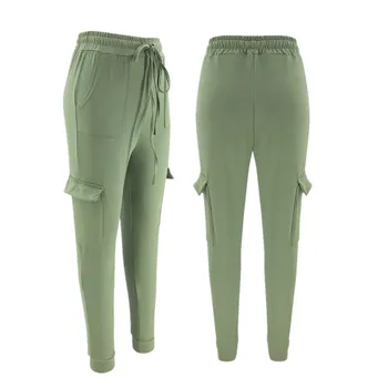 2020 лято Висока Талия армейски зелен молив, панталони Женски черни ежедневни панталони модни дамски обувки стягам джоба украса панталони