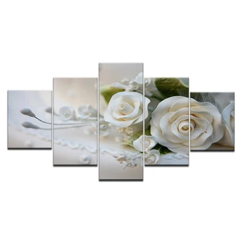 Платно HD-щампи снимки модулна стена на изкуството плакати рамки 5 бр. Бели рози, цветя, картини за хола домашен интериор