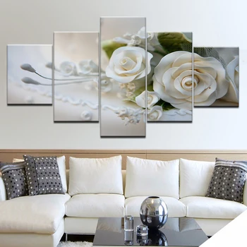 Платно HD-щампи снимки модулна стена на изкуството плакати рамки 5 бр. Бели рози, цветя, картини за хола домашен интериор