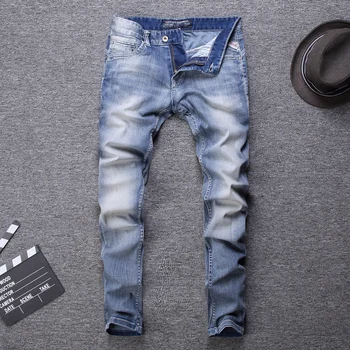 Италиански Стил, Мода За Мъже Дънки Светло Синьо Бяло Пере Slim Fit Класически Дънки Мъже Нов Дизайнер Лято Стари Дънки Панталони