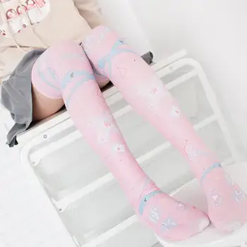 Мода женски момичета найлонови чорапи 2019 нови дълги чорапи над коляното бедрата момиче училище розово карикатура на отглеждане 5S-SW06