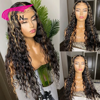 13X6 Water Wave Lace Front Human Hair перуки с детски коса 26inch 180Density Highlight 1б#30 Natural Color Дантела Перука For Women