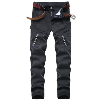 Нова марка за мъжка мода черен син колоездач дънки, мъжки ежедневни Slim Fit vaqueros hombre множество джобове дънкови панталони панталони размер 29-42