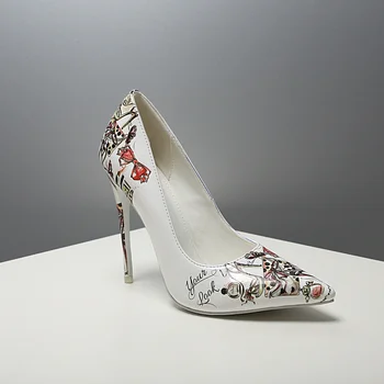 Мода секси дамски бяла рисувани високи токчета сватбата на дребния устата генитални ивици бял висок ток шипове на обувките на жената