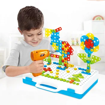 Kids Пробийте Toy направи си САМ 3D Пъзел Pretend Tools Toys Creative Children STEM Educational Toy Electric Пробийте Screws Mosaic Build Пъзел