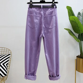 2020 г., Новата колекция пролет-есен Дамски панталони-карго жени висока талия лилаво дънкови панталони памук свободни зреещи панталони Pantalon Cargo Femme
