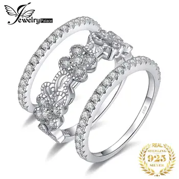 JewelryPalace цветя кубичен цирконий CZ полагане на пръстен 3 върха вечността диамантен годежен пръстен група 925 сребро