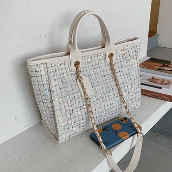 Нов френски дизайн мода вълнена кофа Чанта чанта Чанта и елегантна чанта чанта широчина-39 см, височина 25 см