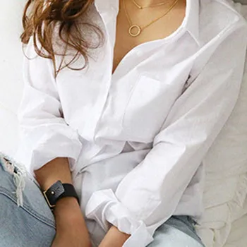 Яка ежедневни блузи мода блуза жени с дълъг ръкав твърди Отложная бутон бели ризи Blusas ризата бланш Femme 2020