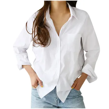 Яка ежедневни блузи мода блуза жени с дълъг ръкав твърди Отложная бутон бели ризи Blusas ризата бланш Femme 2020