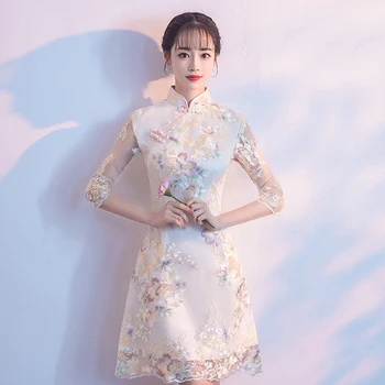 Секси Розов цвят Womens Short Рокли Summer Traditional Chinese style Dress Meah Qipao Slim Party Dresses Button Vestido S-4XL