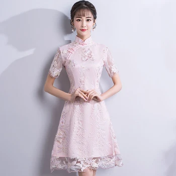 Секси Розов цвят Womens Short Рокли Summer Traditional Chinese style Dress Meah Qipao Slim Party Dresses Button Vestido S-4XL