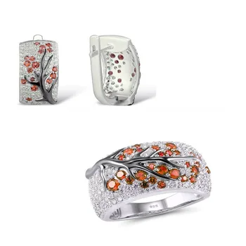 Сребърен комплект бижута за жени роза цвете лист блестящи естествени червени камъни, обеци, пръстен комплект 925 сребро ръчно изработени бижута