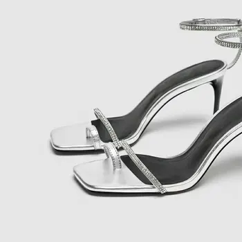 GENSHUO Роман високи токчета и сандали за лятото тясна ивица от висок ток Секси Open-Toe каишка на глезена сандали Crystal Дама обувки за парти