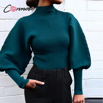 Conmoto есен зима вязаный пуловер висока яка фенер ръкав Свободен жена пуловер с висока градинска мода пуловер Офис 2020
