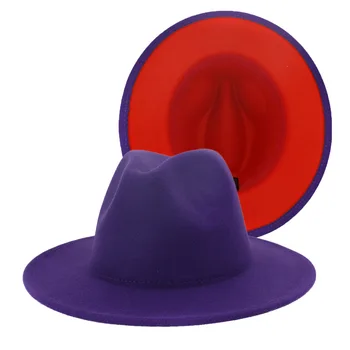 HanXi New Purple Red Patchwork Felt Fedoras Women Men Имитация На Вълна Джаз Cap Шапка Панама Trilby Caps Trend Gambler Шапка