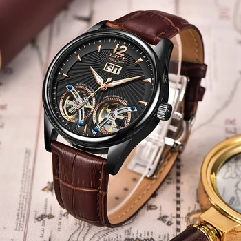 Гледайте Men 2020 LIGE New Dual Tourbillon Кожени мъжки часовник Top Brand Luxury Automatic Mechanical Clock Male Sport Wirstwatch
