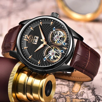 Гледайте Men 2020 LIGE New Dual Tourbillon Кожени мъжки часовник Top Brand Luxury Automatic Mechanical Clock Male Sport Wirstwatch