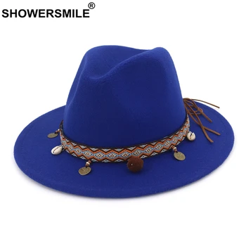 SHOWERSMILE Blue Felt Fedoras шапки за жени вълнена шапка мека мъжка шапка дамски широка периферия ежедневни дамски зимни етническа шапка пай със свинско