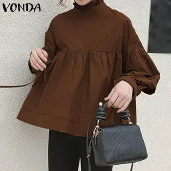 VONDA Womens Elegant Solid Womens Blouses Vintage Фенер Sleeves Cotton Sweet Ladies Тениски Casual femme върховете Plus Size