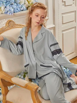 Модни памучни Дамски пижами с дълъг ръкав, комплекти отложной яка реколта нощни костюми сладки момичета свободни пижами есен пролет