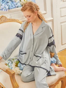 Модни памучни Дамски пижами с дълъг ръкав, комплекти отложной яка реколта нощни костюми сладки момичета свободни пижами есен пролет