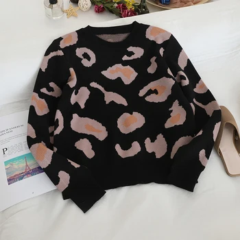 Есента свободен леопардовый кратък пуловер с висока талия дамски модни универсална кръгла neck пуловер, Модерно зимни дрехи Дамски дрехи