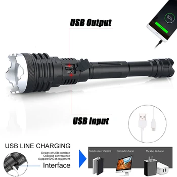 XHP160 отблясъците на фенерчето LED 16-ядрени Факел USB акумулаторна Lanterna тактически ръчно проблясък на светлина мащабируеми за лов и туризъм