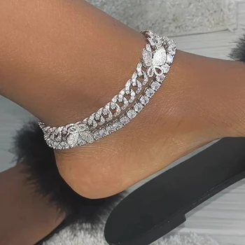 Модерен нов франзела пеперуда къс чорап за жени Iced Out Bling Miami Cuban Link злато, сребро цвят на крак гривни плажа боси бижута