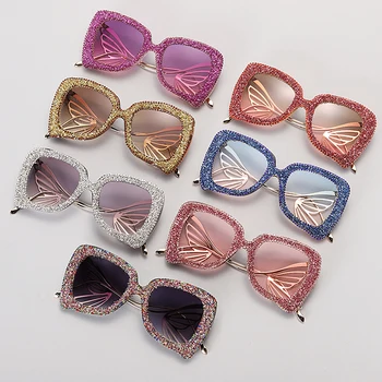 Блестящи квадратни слънчеви очила Жени Диамант стари мъже 2020 луксозни модни метални слънчеви очила пеперуда очила наклон UV400