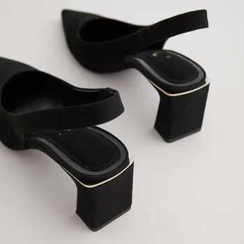 2020 есен Нова Дамски обувки черен остър чорап високо петата сандали обувки дебел ток Флок единични обувки