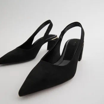 2020 есен Нова Дамски обувки черен остър чорап високо петата сандали обувки дебел ток Флок единични обувки