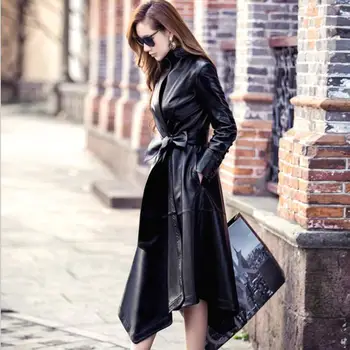 Високо качество на жените изкуствена кожа палто пролет есен нова модна марка колан тънък дамски тренч дълга горна дреха върховете gx1716