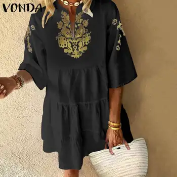 Лято сарафан чешките жени старинни цветни печатни Dress VONDA 2021 Секси Ruffles Mini Dress Holiday Beach Vestido ежедневни Robe
