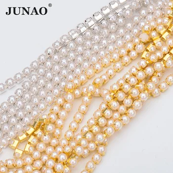 JUNAO 10 ярда SS6 SS12 SS16 шиене бели перли, планински кристал верига на Панделка сребро злато метално покритие и кристали Лента апликация занаяти