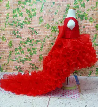 Цвете момиче рокли червен шифон опашката конкурс рокли момиче летни рокли за сватбата е парти, Рожден Ден рокля с голям лък