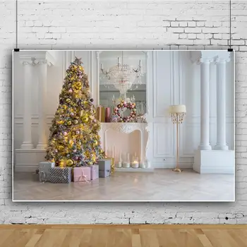 Laeacco Grey Chic Wall Royal Коледно Парти Декор Tree Frieplace Свещ Gift Interior Photo Background Photography Background