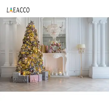 Laeacco Grey Chic Wall Royal Коледно Парти Декор Tree Frieplace Свещ Gift Interior Photo Background Photography Background