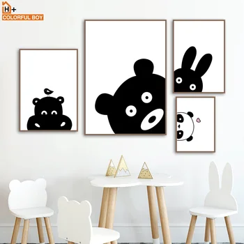Wall Art Платно Живопис Black White Bear, Panda Rabbit Cartoon Nordic Style Kids Decoration Плакати И Щампи Стенни Картини Момче