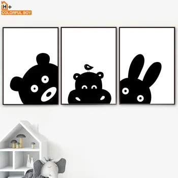 Wall Art Платно Живопис Black White Bear, Panda Rabbit Cartoon Nordic Style Kids Decoration Плакати И Щампи Стенни Картини Момче