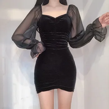 NCLAGEN 2020 Пролет жени Секси See Through Mesh Puff ръкав мозайка велур черна мини-рокля Femme Party Club нагънат Bodycon