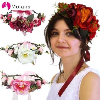 Molans Див сладък цвете crown mod роза, божур регулируема Лента цветни гирлянди сватбени аксесоари за коса, За жени венец