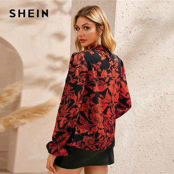 Шеин щанд яка цветен принт пристрастие маншет елегантна блуза, топ, дамски есенна мода с дълъг ръкав дами основни ежедневни блузи