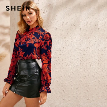 Шеин щанд яка цветен принт пристрастие маншет елегантна блуза, топ, дамски есенна мода с дълъг ръкав дами основни ежедневни блузи