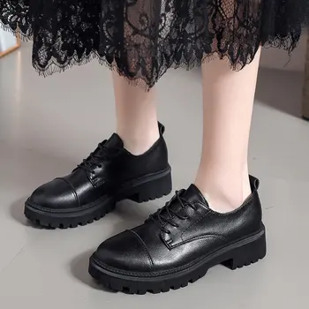 2020 Пролет\Зима Британски Стил Кожени Обувки Жените Квадратен Ток Плоски Обувки На Платформа Жена Дантела Up Оксфорд Обувки За Жени